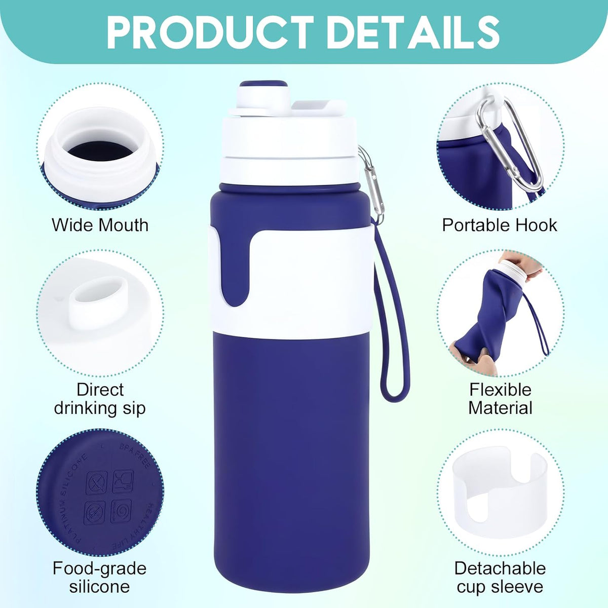 2 Pcs 26 oz Silicone Collapsible Water Bottle, Portable Foldable Water Bottle Leakproof with Carabiner Reuseable Lightweight for Travel Sports Hiking Camping Cycling Office (Black,Pink)