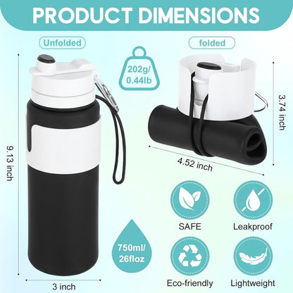 2 Pcs 26 oz Silicone Collapsible Water Bottle, Portable Foldable Water Bottle Leakproof with Carabiner Reuseable Lightweight for Travel Sports Hiking Camping Cycling Office (Black,Pink)