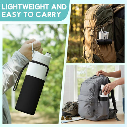 2 Pcs 26 oz Silicone Collapsible Water Bottle, Portable Foldable Water Bottle Leakproof with Carabiner Reuseable Lightweight for Travel Sports Hiking Camping Cycling Office (Black,Pink)