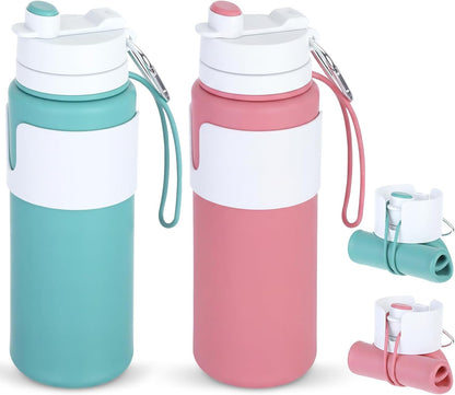 2 Pcs 26 oz Silicone Collapsible Water Bottle, Portable Foldable Water Bottle Leakproof with Carabiner Reuseable Lightweight for Travel Sports Hiking Camping Cycling Office (Black,Pink)