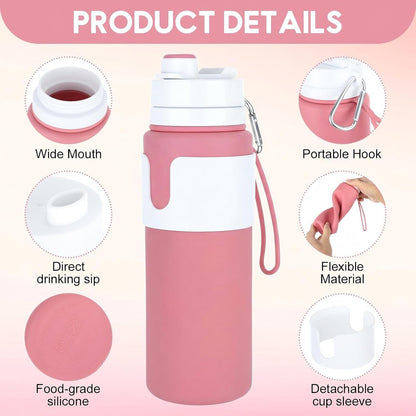 2 Pcs 26 oz Silicone Collapsible Water Bottle, Portable Foldable Water Bottle Leakproof with Carabiner Reuseable Lightweight for Travel Sports Hiking Camping Cycling Office (Black,Pink)