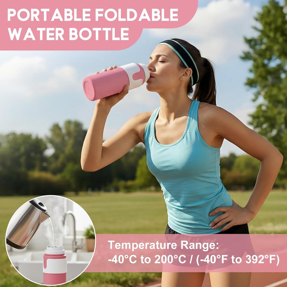 2 Pcs 26 oz Silicone Collapsible Water Bottle, Portable Foldable Water Bottle Leakproof with Carabiner Reuseable Lightweight for Travel Sports Hiking Camping Cycling Office (Black,Pink)