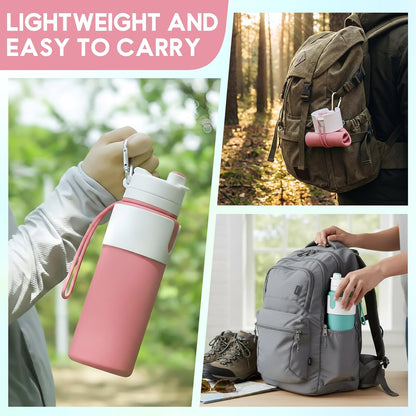 2 Pcs 26 oz Silicone Collapsible Water Bottle, Portable Foldable Water Bottle Leakproof with Carabiner Reuseable Lightweight for Travel Sports Hiking Camping Cycling Office (Black,Pink)