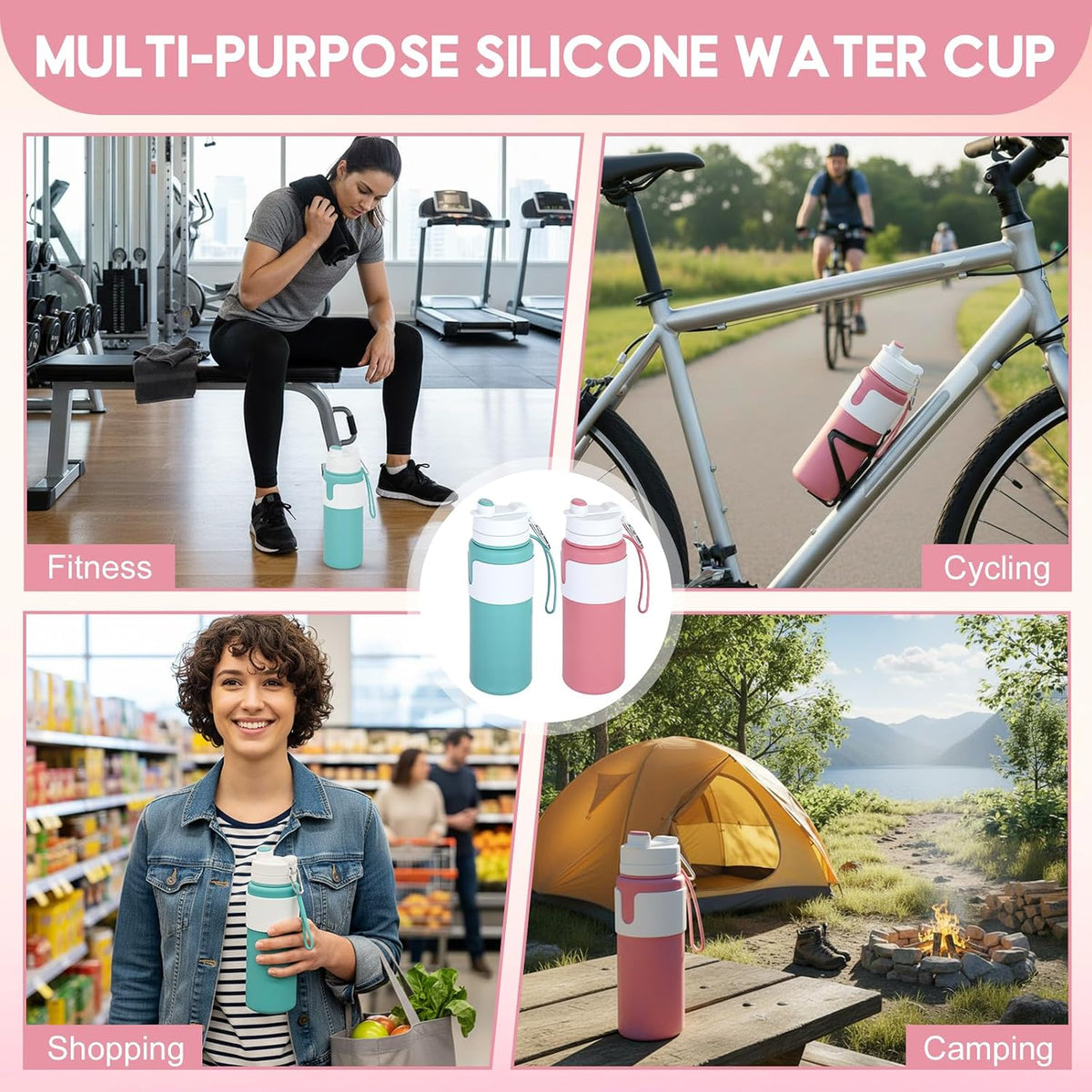 2 Pcs 26 oz Silicone Collapsible Water Bottle, Portable Foldable Water Bottle Leakproof with Carabiner Reuseable Lightweight for Travel Sports Hiking Camping Cycling Office (Black,Pink)
