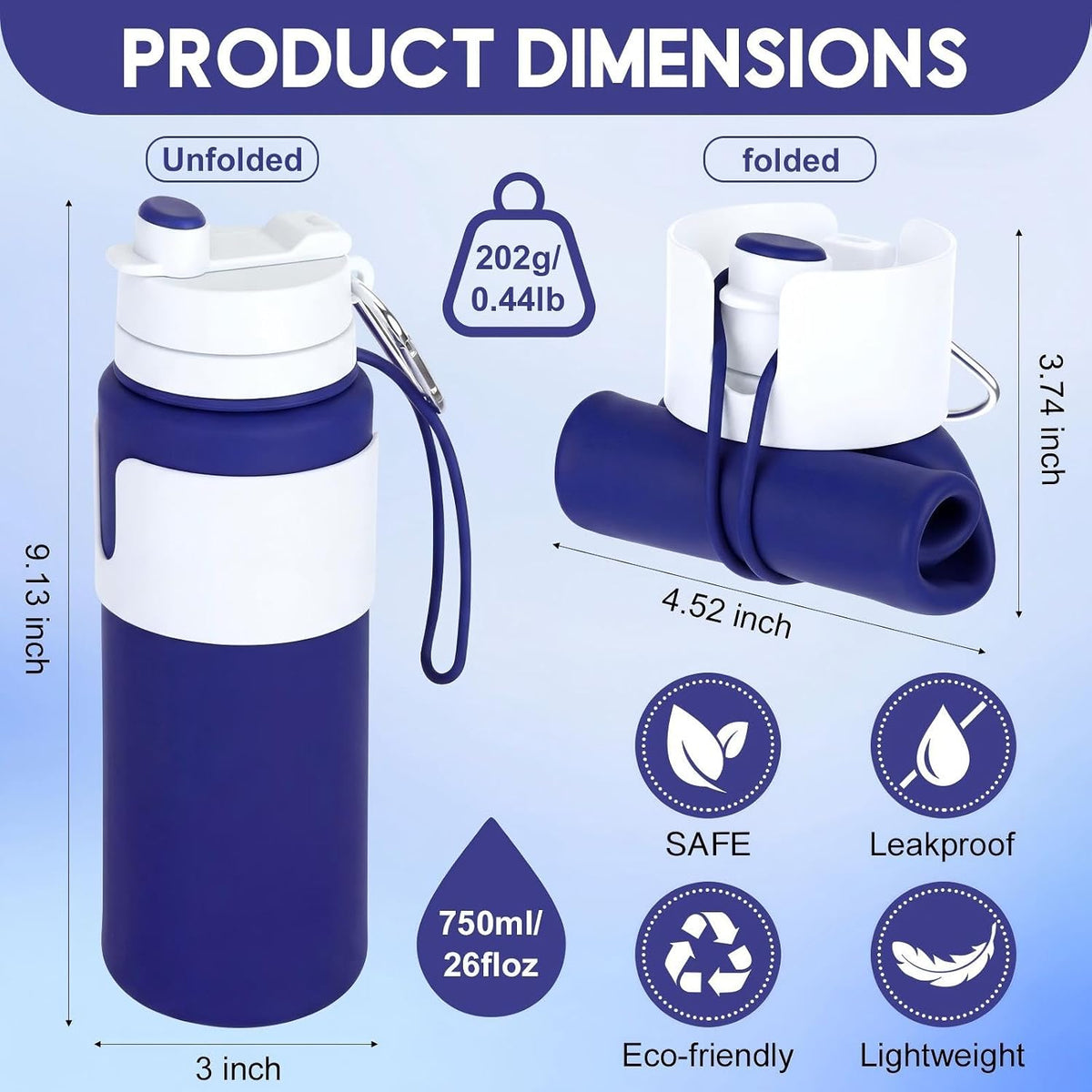 2 Pcs 26 oz Silicone Collapsible Water Bottle, Portable Foldable Water Bottle Leakproof with Carabiner Reuseable Lightweight for Travel Sports Hiking Camping Cycling Office (Black,Pink)