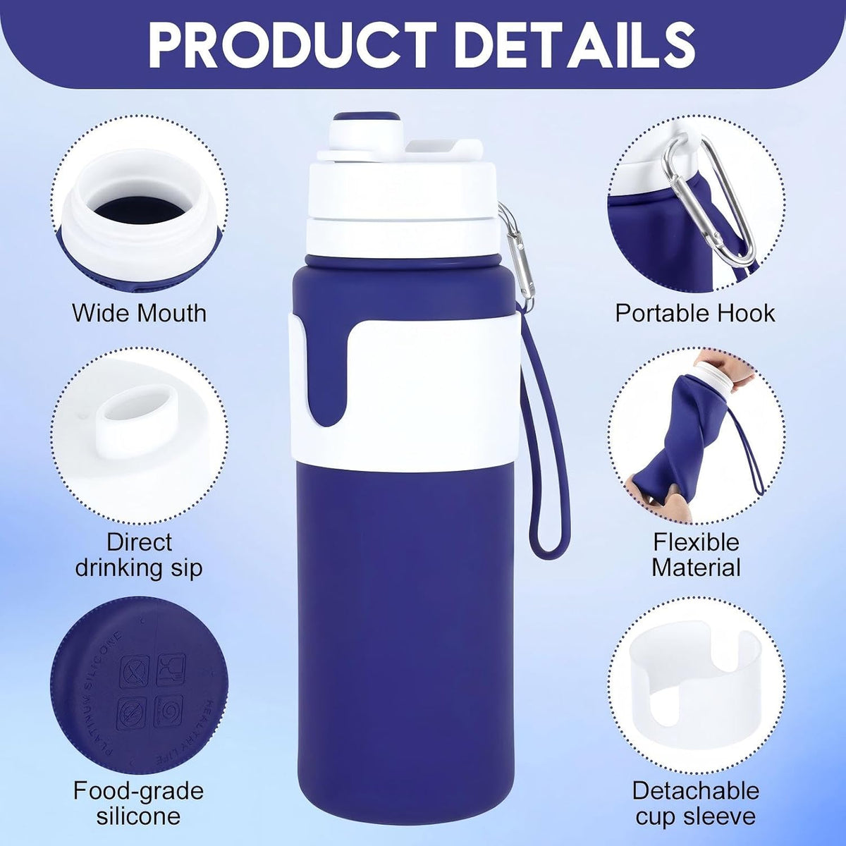 2 Pcs 26 oz Silicone Collapsible Water Bottle, Portable Foldable Water Bottle Leakproof with Carabiner Reuseable Lightweight for Travel Sports Hiking Camping Cycling Office (Black,Pink)