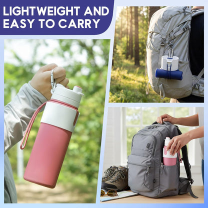2 Pcs 26 oz Silicone Collapsible Water Bottle, Portable Foldable Water Bottle Leakproof with Carabiner Reuseable Lightweight for Travel Sports Hiking Camping Cycling Office (Black,Pink)