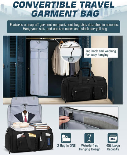 Garment Bag for Men, 45L Convertible Suit Travel Bag, Black