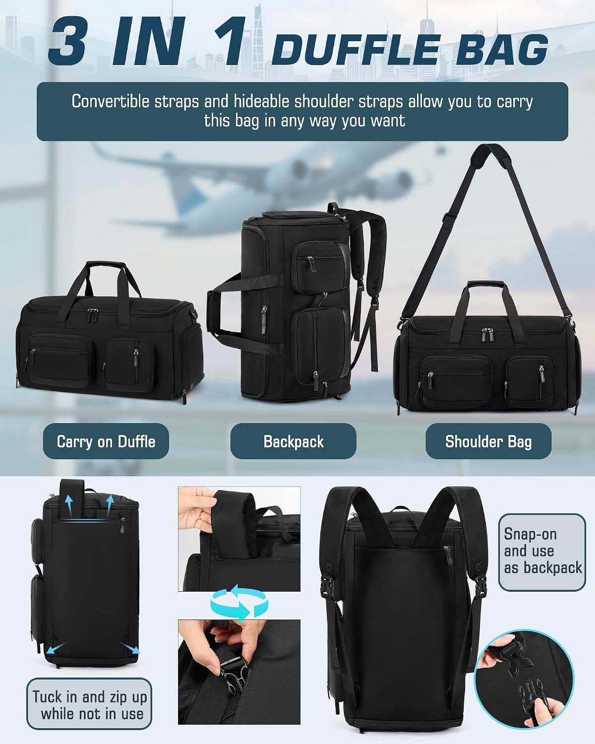 Garment Bag for Men, 45L Convertible Suit Travel Bag, Black
