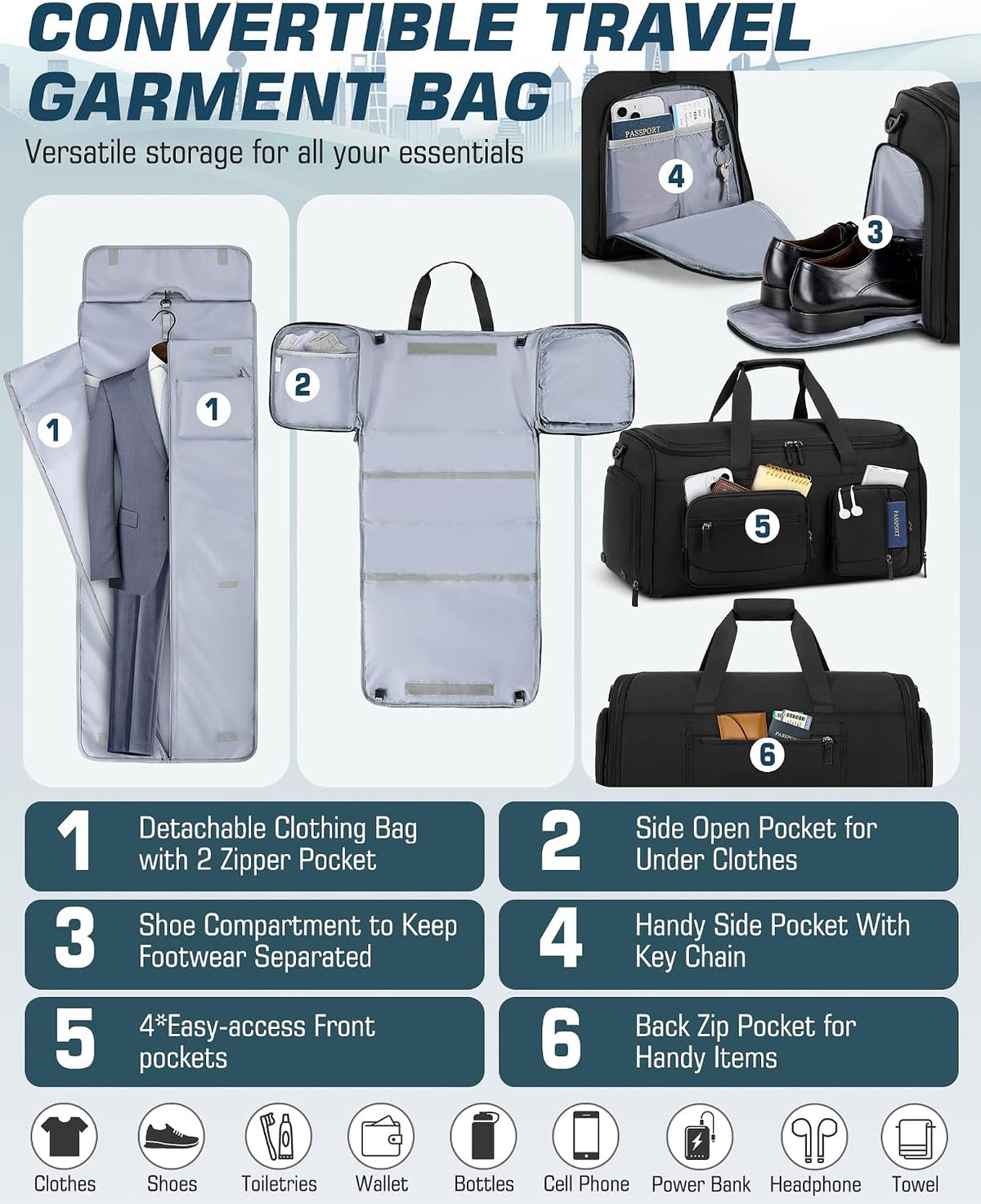 Garment Bag for Men, 45L Convertible Suit Travel Bag, Black