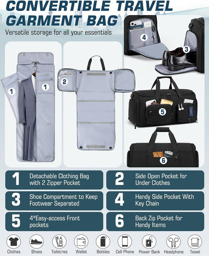 Garment Bag for Men, 45L Convertible Suit Travel Bag, Black