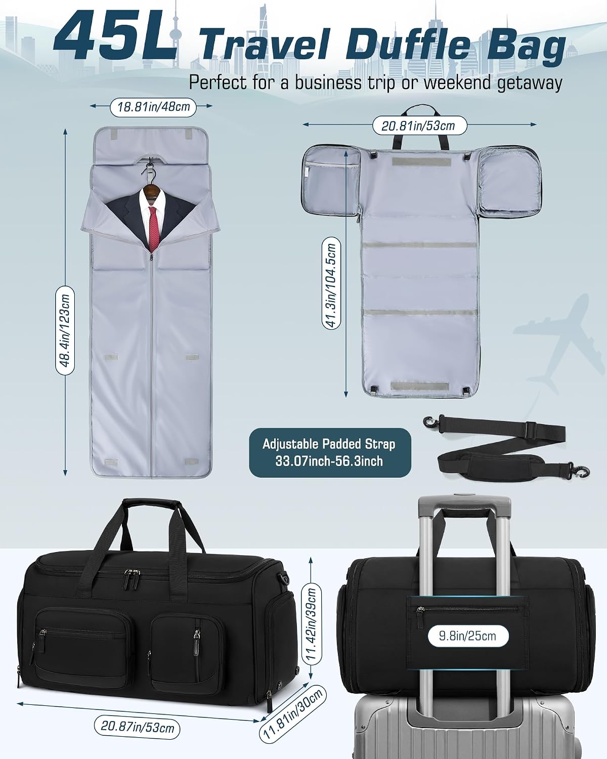 Garment Bag for Men, 45L Convertible Suit Travel Bag, Black