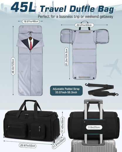 Garment Bag for Men, 45L Convertible Suit Travel Bag, Black