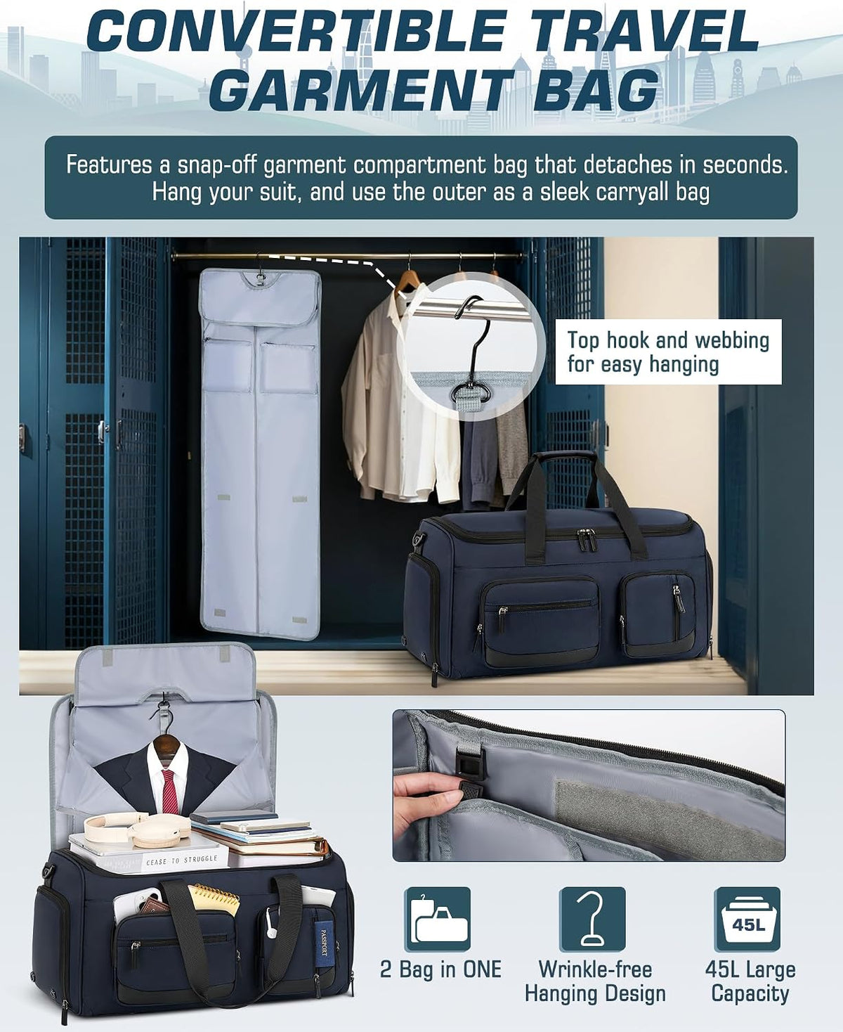 Garment Bag for Men, 45L Convertible Suit Travel Bag, Black