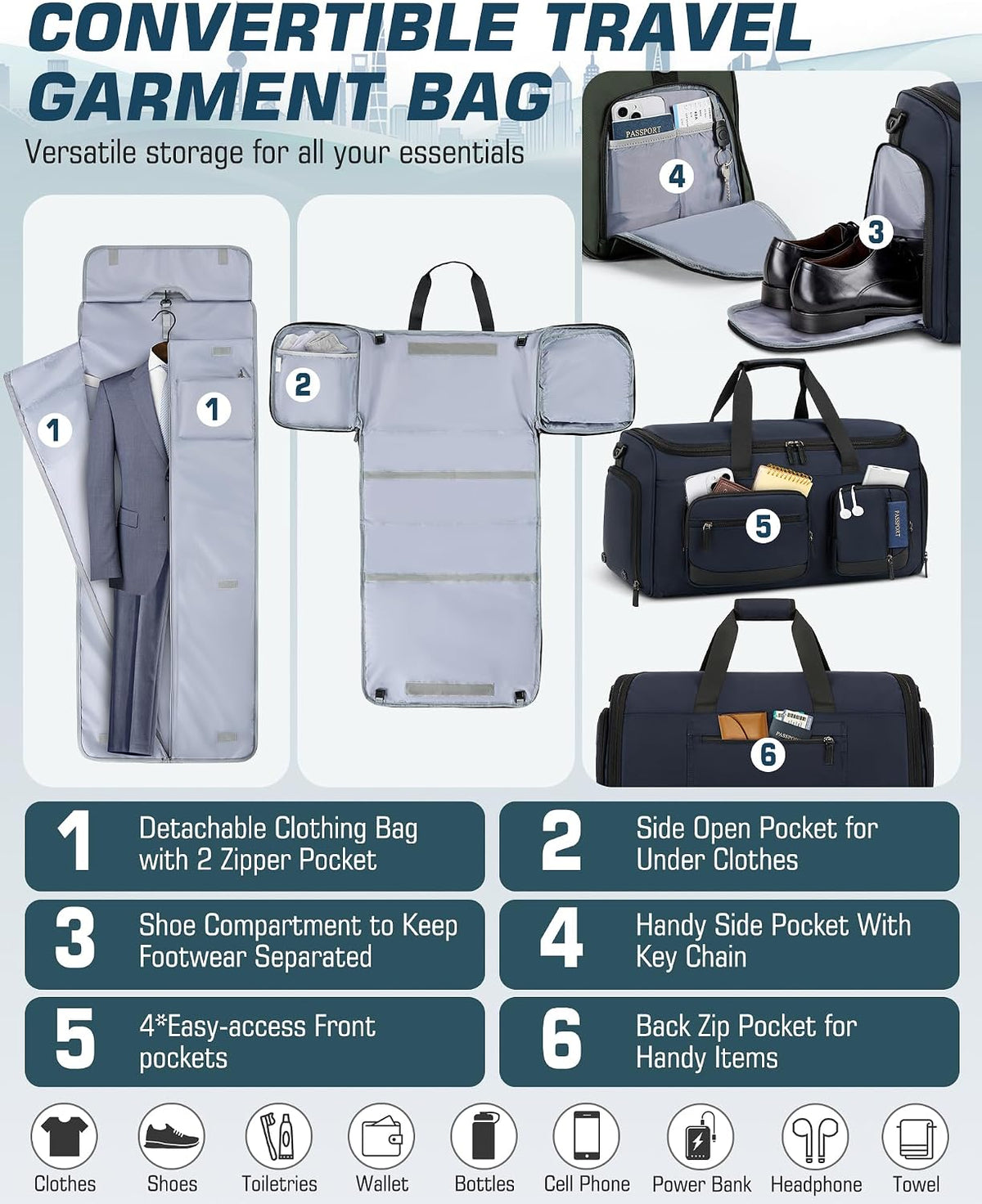 Garment Bag for Men, 45L Convertible Suit Travel Bag, Black