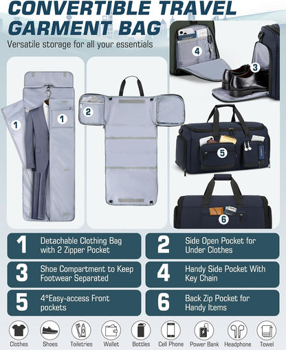 Garment Bag for Men, 45L Convertible Suit Travel Bag, Black