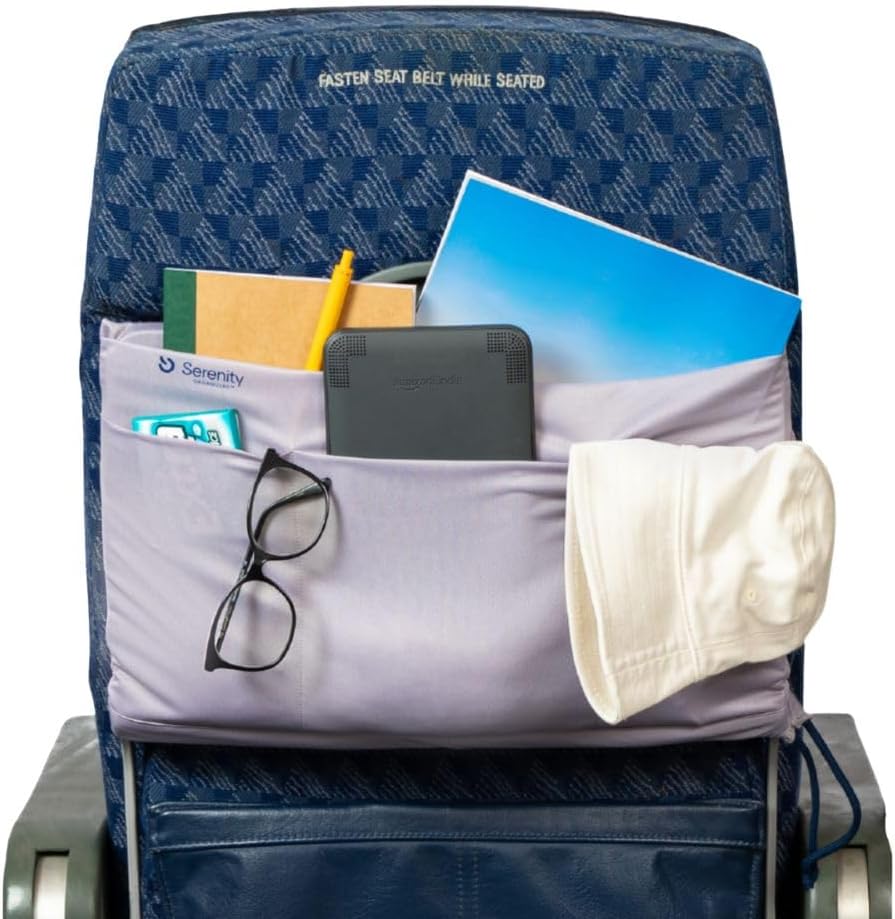 Airplane Tray Organizer/Tote with 4 Storage Pockets, Back Seat Airplane Tray Cover, Converts into a Drawstring Tote, Washable, Durable & Lightweight (2.8 oz) Airplane Travel Essentials