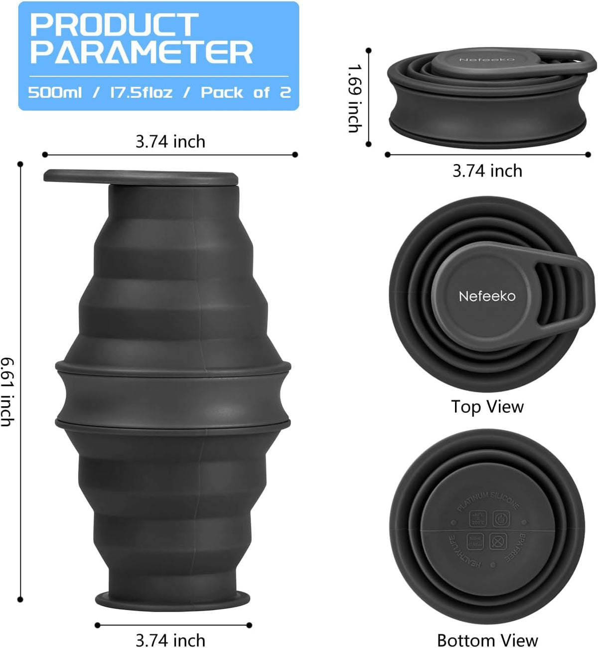 Collapsible Water Bottle, BPA Free Silicone Foldable Water Bottles