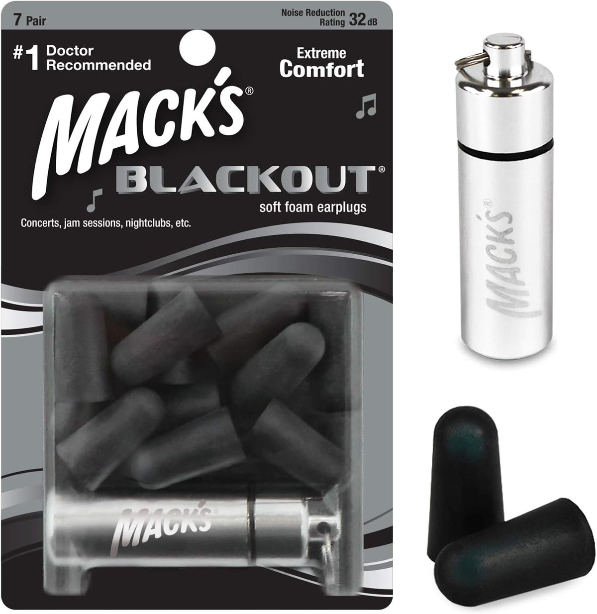 Blackout Soft Foam Earplugs, 7 Pair with Travel Case - 32 dB Highest NRR, Comfortable Ear Plugs for Concerts, Jam Sessions, Nightclubs, Loud Events and Shooting Sports