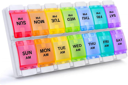 AM PM Weekly Pill Organizer 2 Times A Day, Large Daily Pill Box Case 7 Day with Easy Push Button Design, Detachable Medicine Holder for Vitamin/Fish Oil/Supplements (Rainbow)