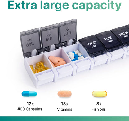 AM PM Weekly Pill Organizer 2 Times A Day, Large Daily Pill Box Case 7 Day with Easy Push Button Design, Detachable Medicine Holder for Vitamin/Fish Oil/Supplements (Rainbow)