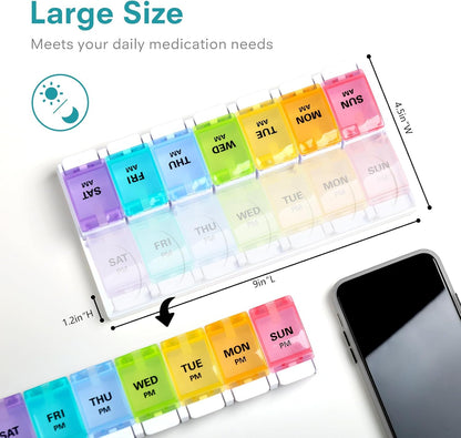 AM PM Weekly Pill Organizer 2 Times A Day, Large Daily Pill Box Case 7 Day with Easy Push Button Design, Detachable Medicine Holder for Vitamin/Fish Oil/Supplements (Rainbow)