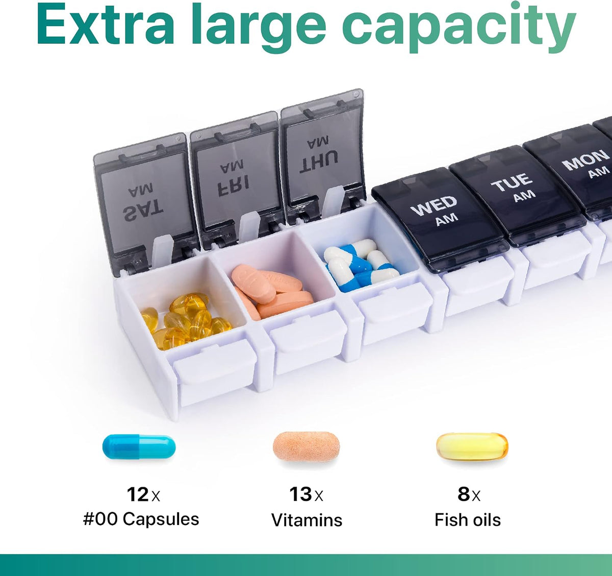 AM PM Weekly Pill Organizer 2 Times A Day, Large Daily Pill Box Case 7 Day with Easy Push Button Design, Detachable Medicine Holder for Vitamin/Fish Oil/Supplements (Rainbow)