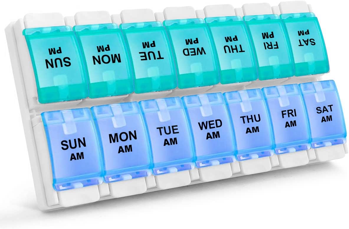 AM PM Weekly Pill Organizer 2 Times A Day, Large Daily Pill Box Case 7 Day with Easy Push Button Design, Detachable Medicine Holder for Vitamin/Fish Oil/Supplements (Rainbow)