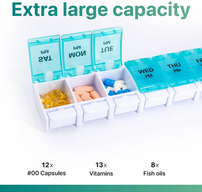AM PM Weekly Pill Organizer 2 Times A Day, Large Daily Pill Box Case 7 Day with Easy Push Button Design, Detachable Medicine Holder for Vitamin/Fish Oil/Supplements (Rainbow)