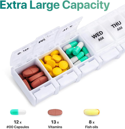 AM PM Weekly Pill Organizer 2 Times A Day, Large Daily Pill Box Case 7 Day with Easy Push Button Design, Detachable Medicine Holder for Vitamin/Fish Oil/Supplements (Rainbow)