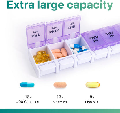 AM PM Weekly Pill Organizer 2 Times A Day, Large Daily Pill Box Case 7 Day with Easy Push Button Design, Detachable Medicine Holder for Vitamin/Fish Oil/Supplements (Rainbow)