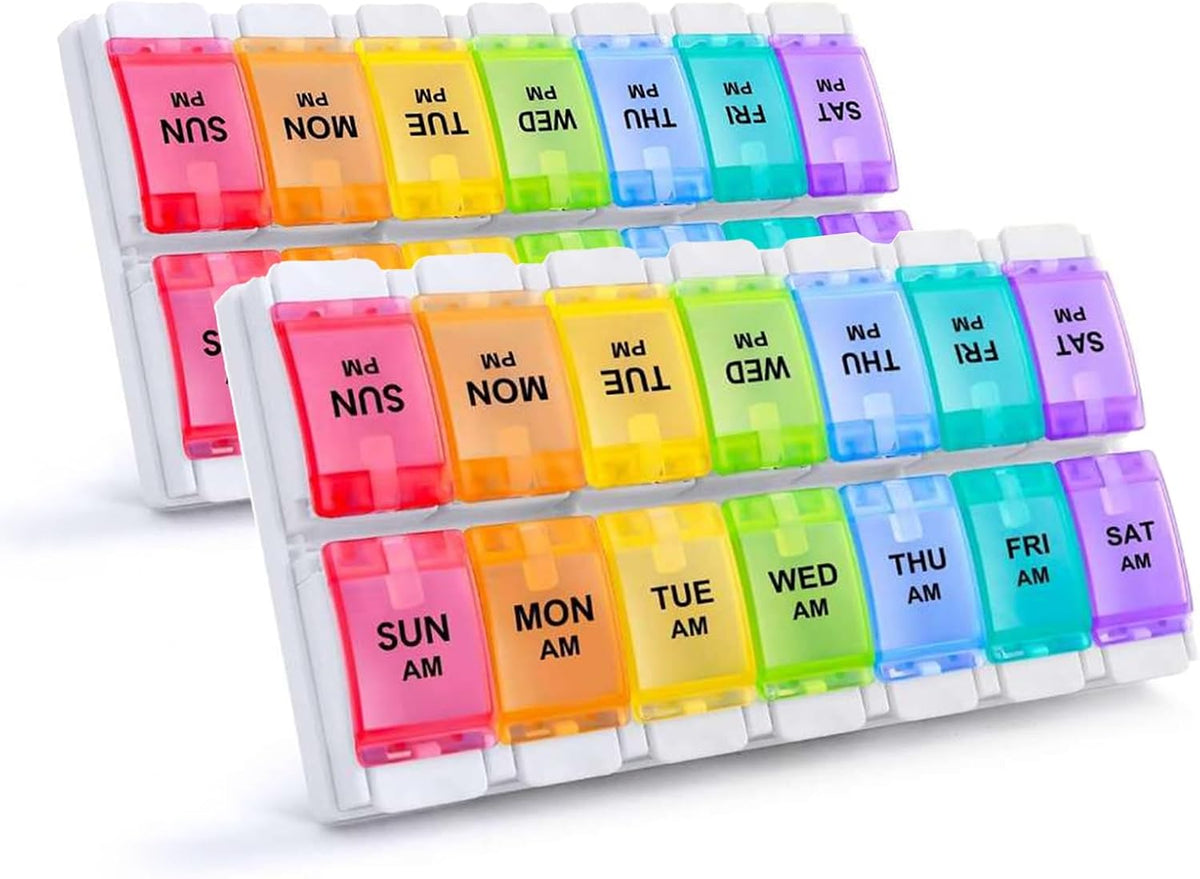 AM PM Weekly Pill Organizer 2 Times A Day, Large Daily Pill Box Case 7 Day with Easy Push Button Design, Detachable Medicine Holder for Vitamin/Fish Oil/Supplements (Rainbow)