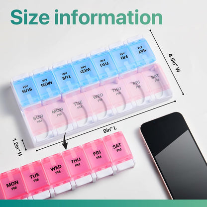 AM PM Weekly Pill Organizer 2 Times A Day, Large Daily Pill Box Case 7 Day with Easy Push Button Design, Detachable Medicine Holder for Vitamin/Fish Oil/Supplements (Rainbow)