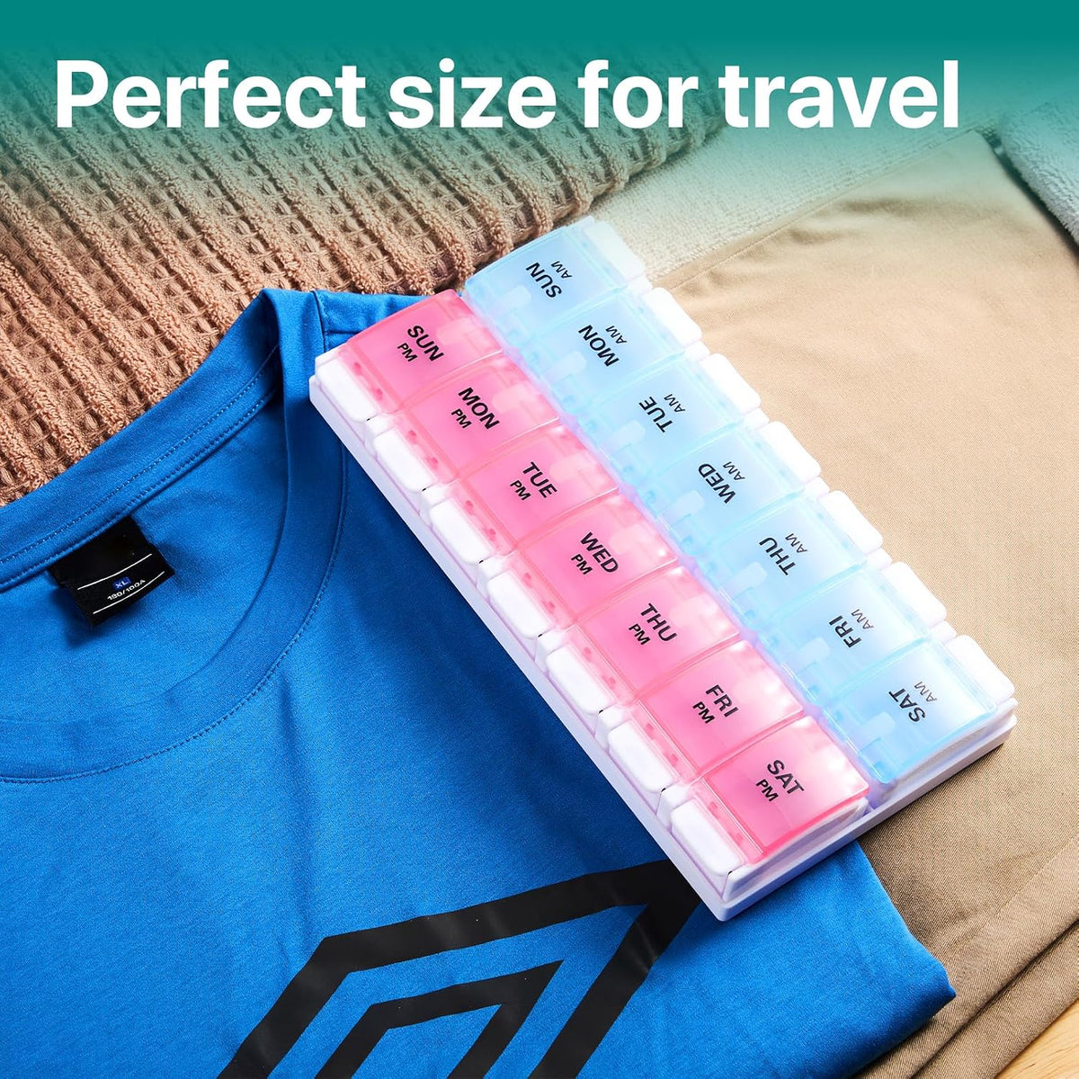 AM PM Weekly Pill Organizer 2 Times A Day, Large Daily Pill Box Case 7 Day with Easy Push Button Design, Detachable Medicine Holder for Vitamin/Fish Oil/Supplements (Rainbow)