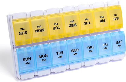 AM PM Weekly Pill Organizer 2 Times A Day, Large Daily Pill Box Case 7 Day with Easy Push Button Design, Detachable Medicine Holder for Vitamin/Fish Oil/Supplements (Rainbow)