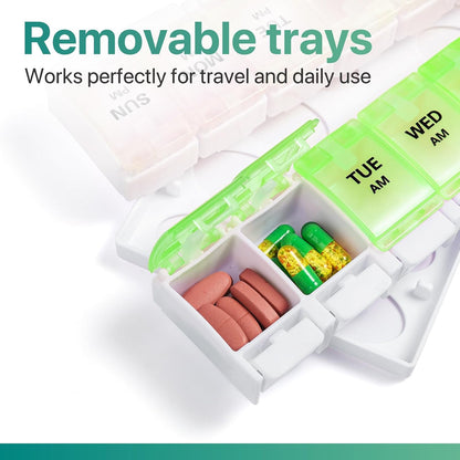 AM PM Weekly Pill Organizer 2 Times A Day, Large Daily Pill Box Case 7 Day with Easy Push Button Design, Detachable Medicine Holder for Vitamin/Fish Oil/Supplements (Rainbow)