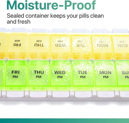 AM PM Weekly Pill Organizer 2 Times A Day, Large Daily Pill Box Case 7 Day with Easy Push Button Design, Detachable Medicine Holder for Vitamin/Fish Oil/Supplements (Rainbow)