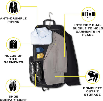 Premium travel garment bag. Carry-on for Men & Women. Hangs 4 Items