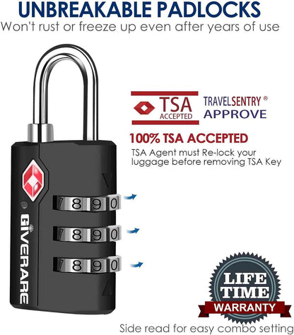 2 Pack TSA Approved Travel Luggage Locks, Suitcase Combination Lock, Keyless 3-Digit Zipper Padlocks, TSA Accepted Compatible Padlock for Gym Locker, Golf Bag Case, Backpack-Black