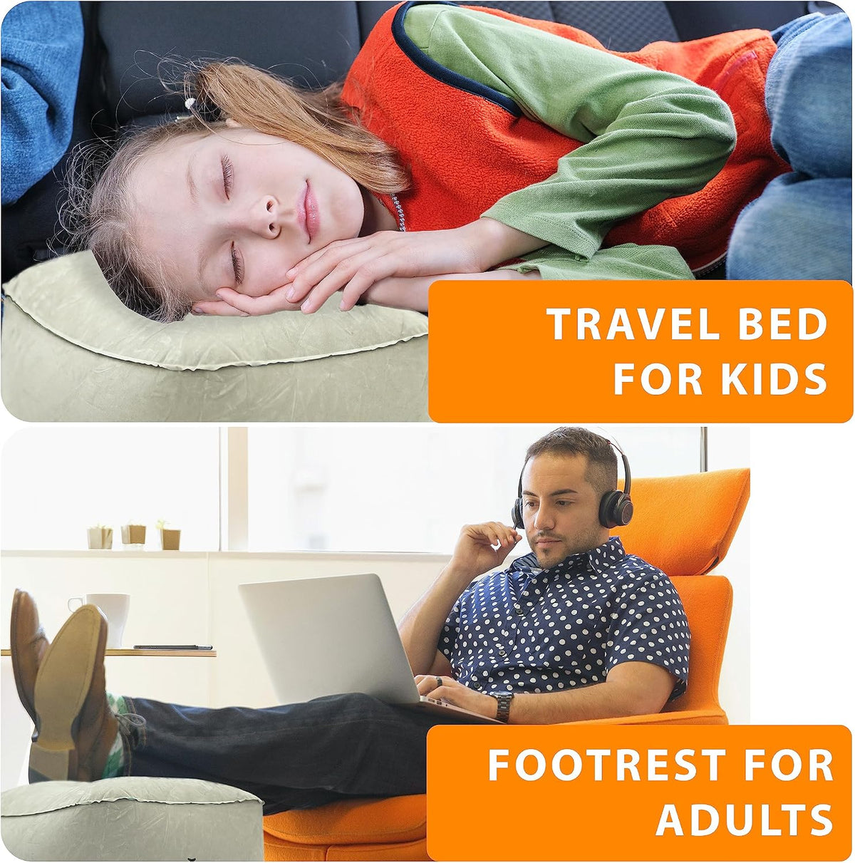 Inflatable Foot Rest Pillow for Airplane Travel - Adjustable Leg Rest for Long Flights, Baby/Toddler Airplane Seat Extender - Grey