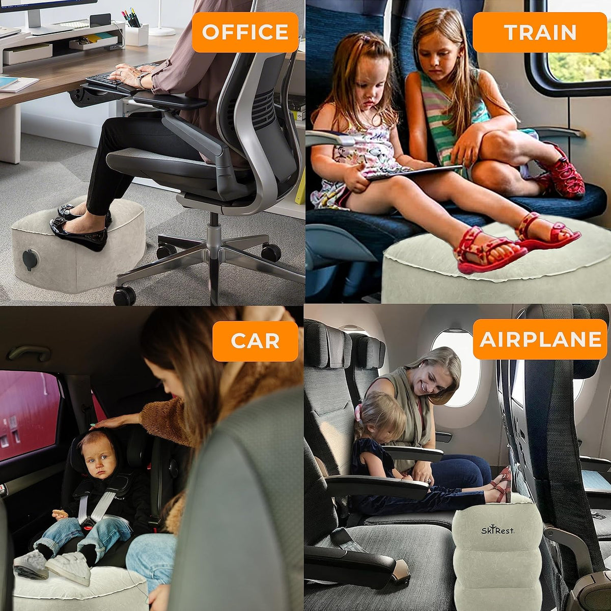 Inflatable Foot Rest Pillow for Airplane Travel - Adjustable Leg Rest for Long Flights, Baby/Toddler Airplane Seat Extender - Grey