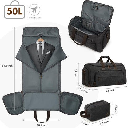 Carry On Garment Bag for Travel Convertible Garment Duffle Bag Suit Bags for Men Women Travel 2 in 1 Hanging Suitcase Business Travel Bag with Toiletry Bag, Black, 50l