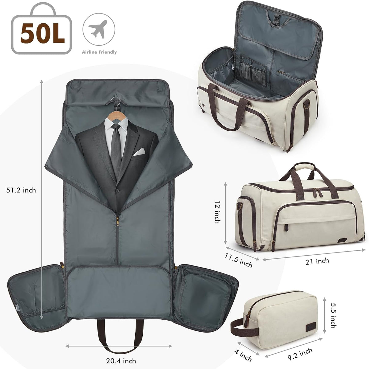 Carry On Garment Bag for Travel Convertible Garment Duffle Bag Suit Bags for Men Women Travel 2 in 1 Hanging Suitcase Business Travel Bag with Toiletry Bag, Black, 50l