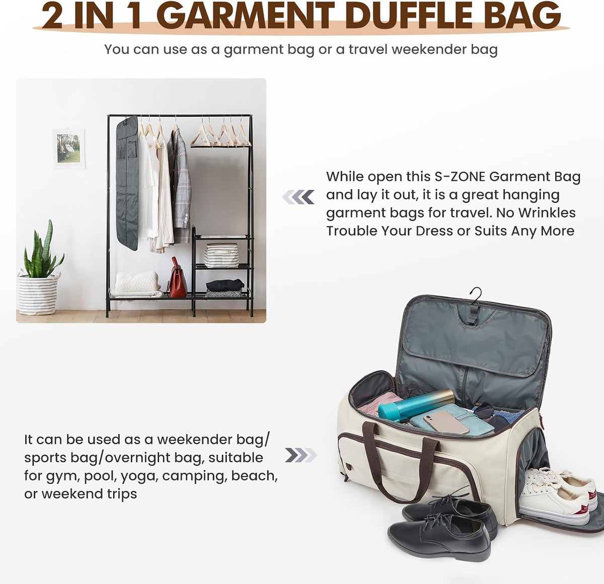 Carry On Garment Bag for Travel Convertible Garment Duffle Bag Suit Bags for Men Women Travel 2 in 1 Hanging Suitcase Business Travel Bag with Toiletry Bag, Black, 50l