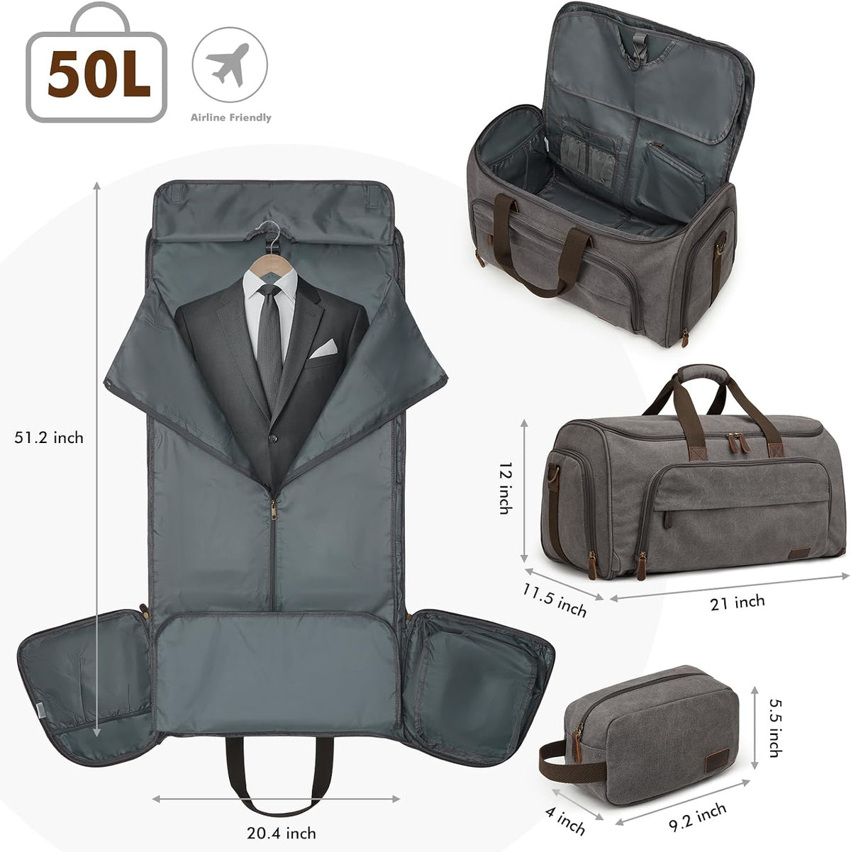 Carry On Garment Bag for Travel Convertible Garment Duffle Bag Suit Bags for Men Women Travel 2 in 1 Hanging Suitcase Business Travel Bag with Toiletry Bag, Black, 50l