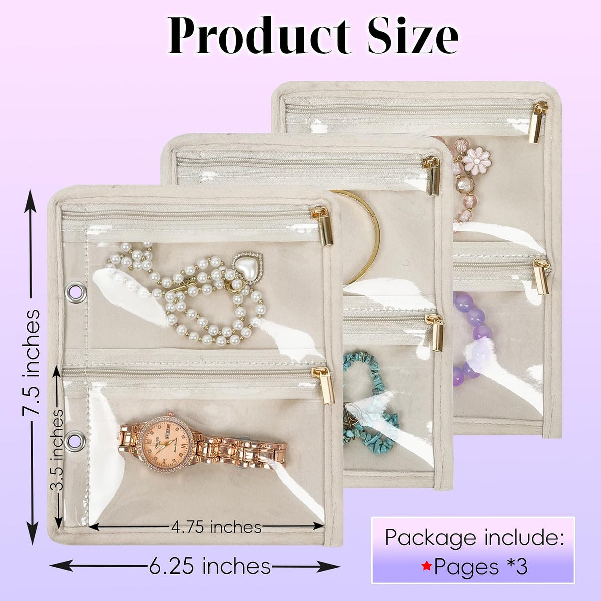 Travel Jewelry Organizer Case,Jewelry Bags for Traveling, Jewelry Binder with 24 Pcs Clear Zipper Velvet Pouches for Storing Earrings, Rings, Necklace, Bracelet, Watch (Beige)