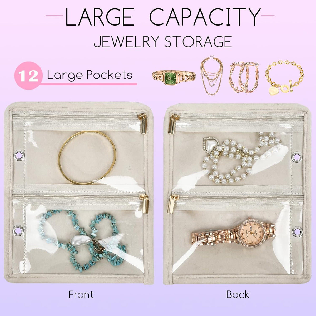 Travel Jewelry Organizer Case,Jewelry Bags for Traveling, Jewelry Binder with 24 Pcs Clear Zipper Velvet Pouches for Storing Earrings, Rings, Necklace, Bracelet, Watch (Beige)