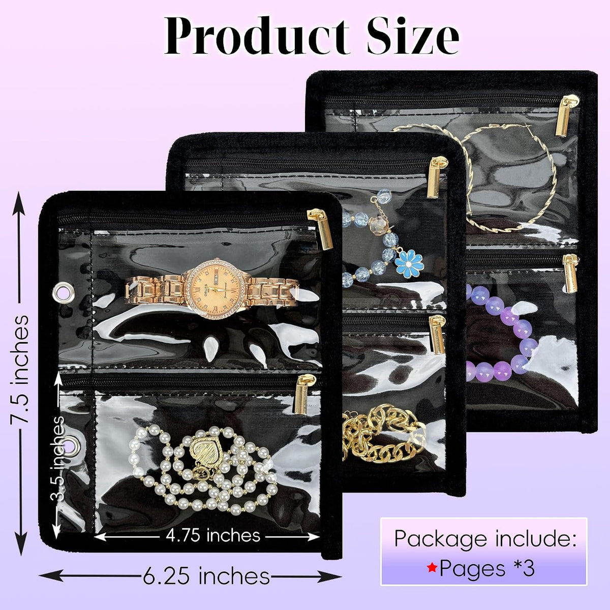 Travel Jewelry Organizer Case,Jewelry Bags for Traveling, Jewelry Binder with 24 Pcs Clear Zipper Velvet Pouches for Storing Earrings, Rings, Necklace, Bracelet, Watch (Beige)