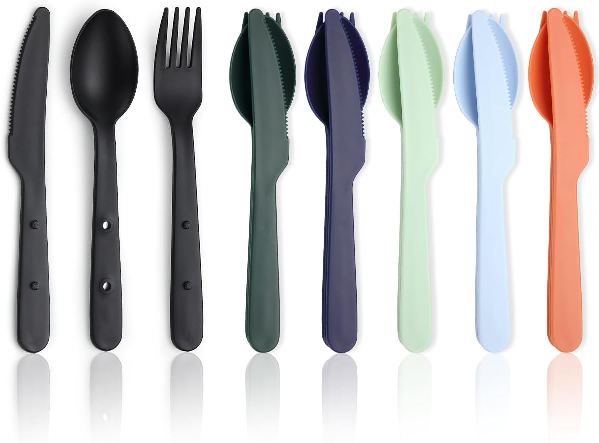Travel Utensils Set for 6, Reusable Plastic Knife Fork Spoon Snapped Together for Easy Portability and Save Space, Silverware Cutlery Utensils Set for Work, Camping, Picnic, Gadgets, Lunch Box
