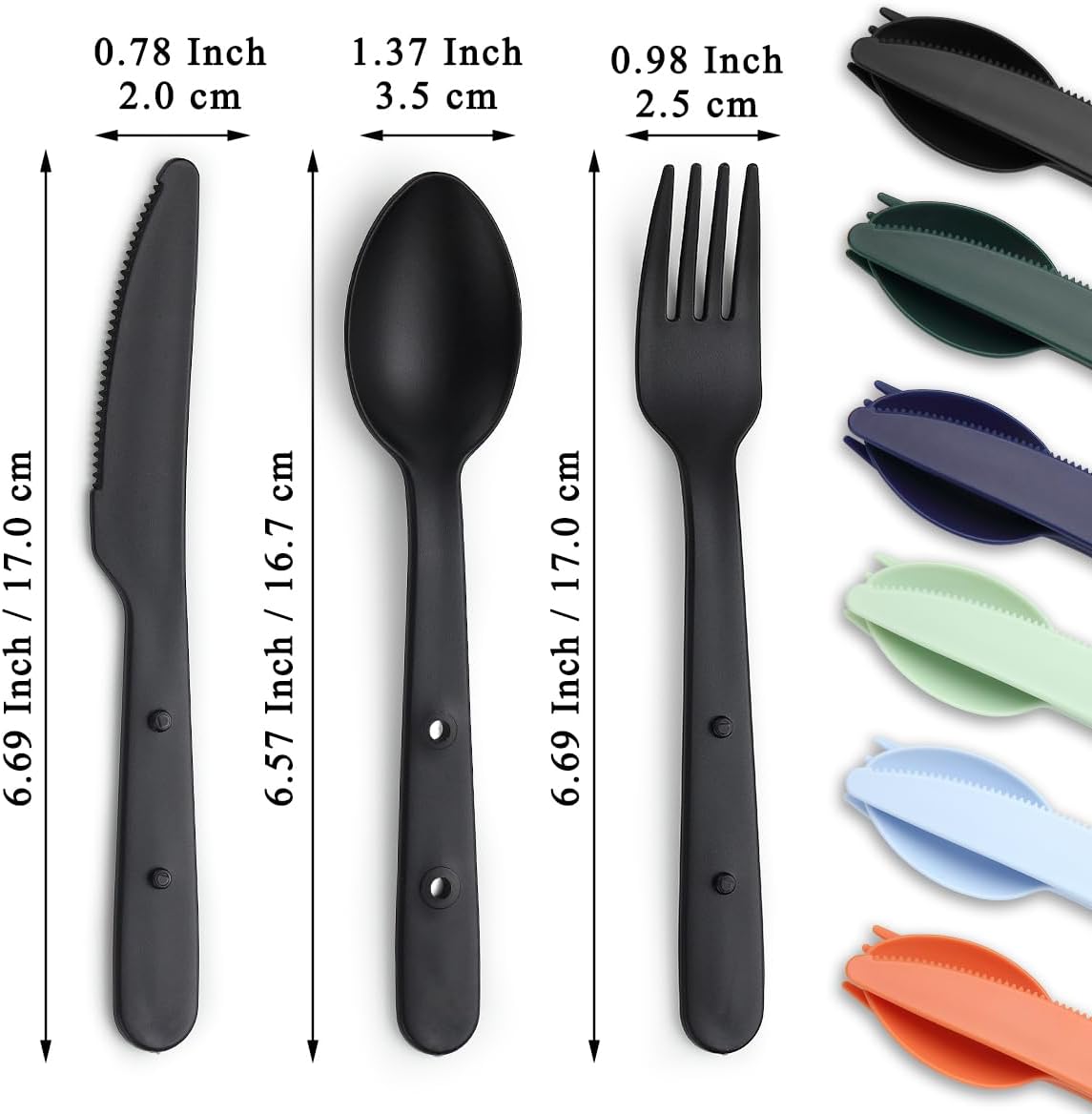 Travel Utensils Set for 6, Reusable Plastic Knife Fork Spoon Snapped Together for Easy Portability and Save Space, Silverware Cutlery Utensils Set for Work, Camping, Picnic, Gadgets, Lunch Box